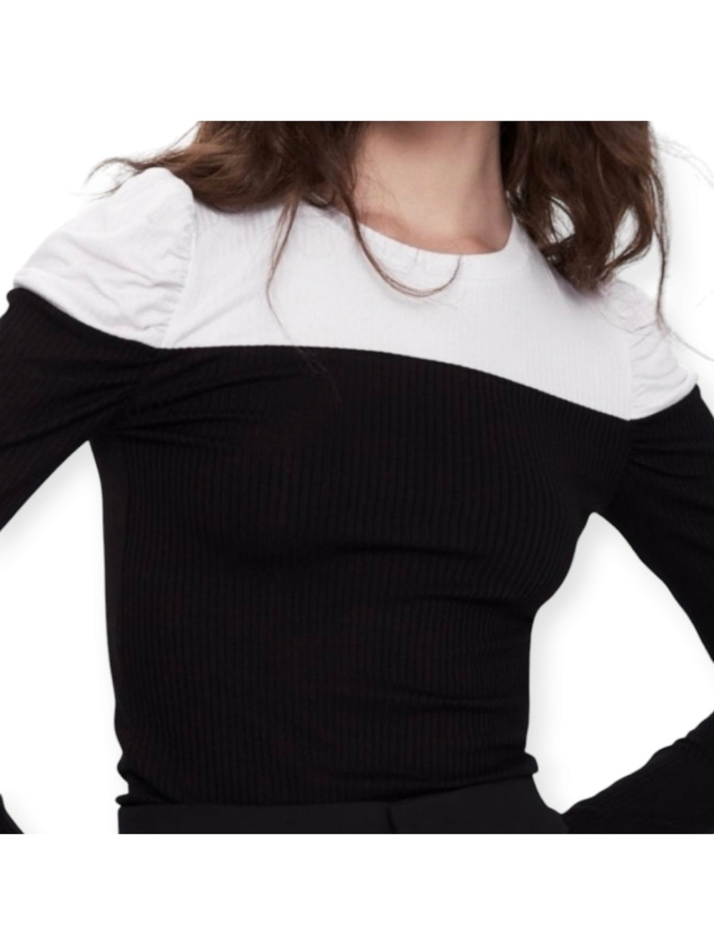 Zara Black & White Ribbed Puff Shoulder Long Sleeve Top